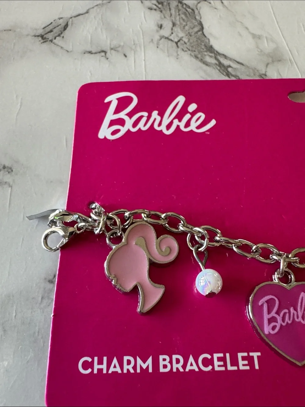 Silver-tone Barbie Theme Charm Bracelet 4 Pink Charms & 3 Bead Charms New